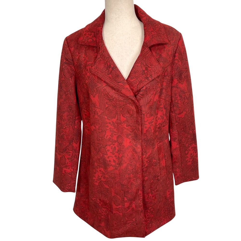 Dennis Basso Jacket Womens XSmall Red Damask Magnetic Close Faux Suede Trench